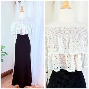 Tadashi Shoji Black and White eyelets Off-Shoulder Maxi Dress gown